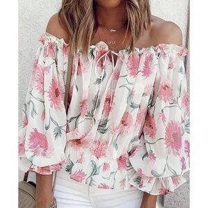 White Floral‎ Printed Off Shoulder Ruffle Babydoll Top Bishop Sleeve Blouse Top